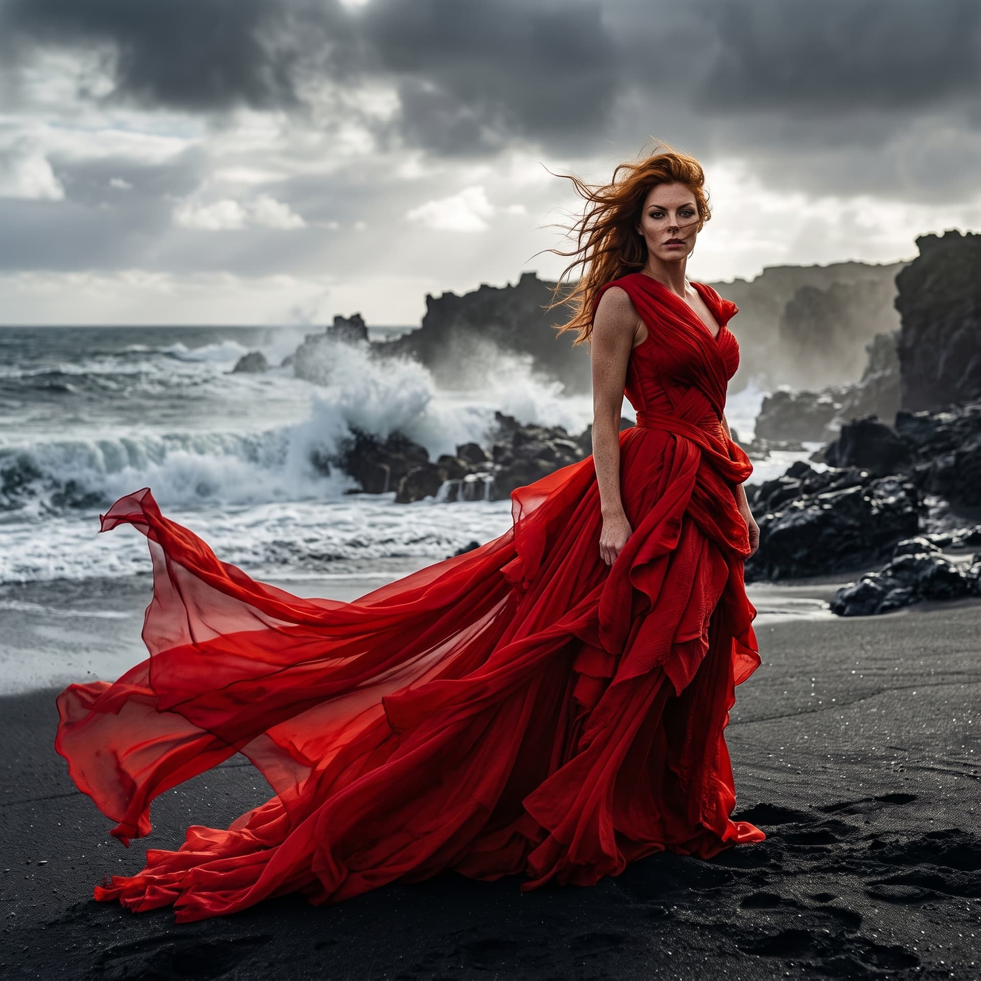 KI-Avatar Mira im wehenden roten Kleid an einem schwarzen Vulkanstrand mit hohen Wellen
