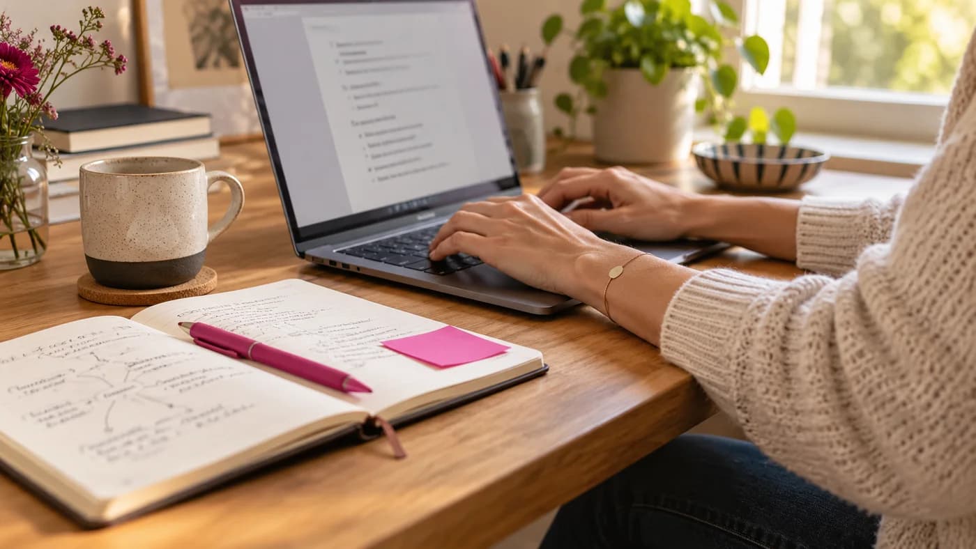 Hände beim Schreiben am Laptop, daneben ein Notizbuch und ein magentafarbener Stift.