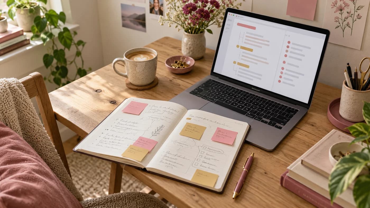 Notizbuch, Laptop und Haftnotizen auf einem hellen Schreibtisch beim Planen eines Blogposts.