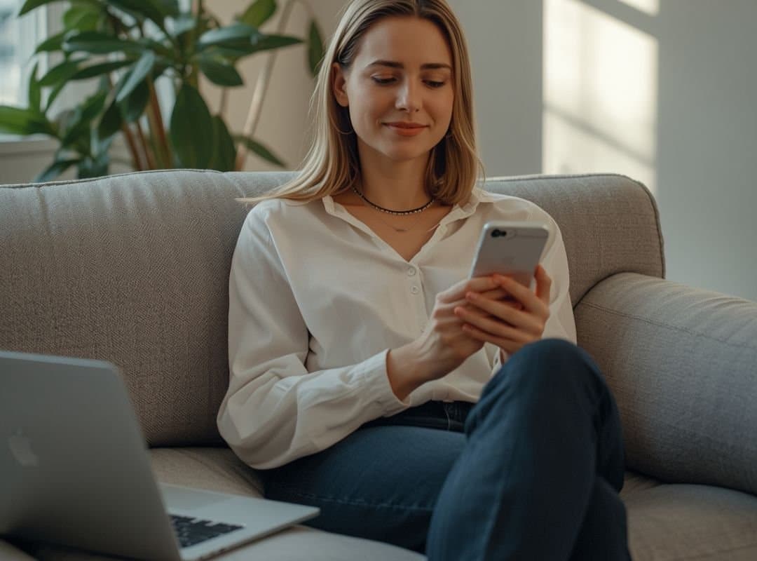 Frau sitzt entspannt auf dem Sofa und schaut auf ihr Smartphone, Laptop liegt neben ihr, helle und ruhige Wohnatmosphäre.