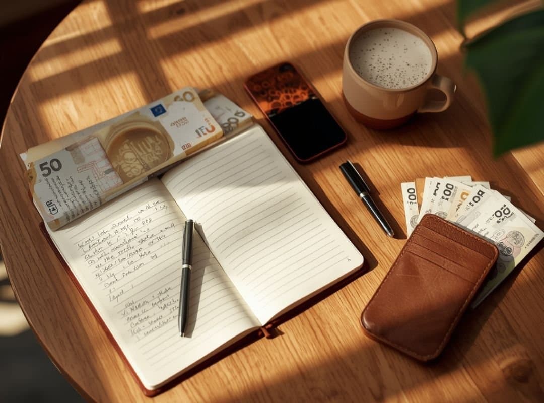 Offenes Notizbuch mit Stift, Geldscheinen, Smartphone und Kaffeetasse auf Holztisch. Symbol für Haushaltsplanung, Geld sparen und Budget-Organisation im Alltag.