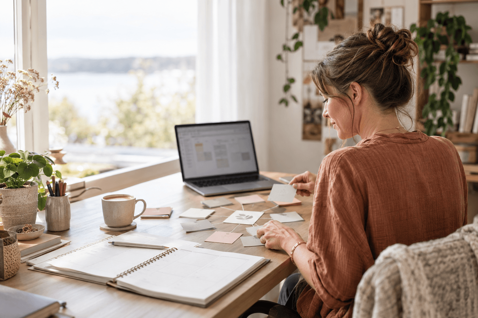 Frau plant an einem hellen Schreibtisch mit Wochenplan, Laptop und Ideenkarten ihre Inhalte.