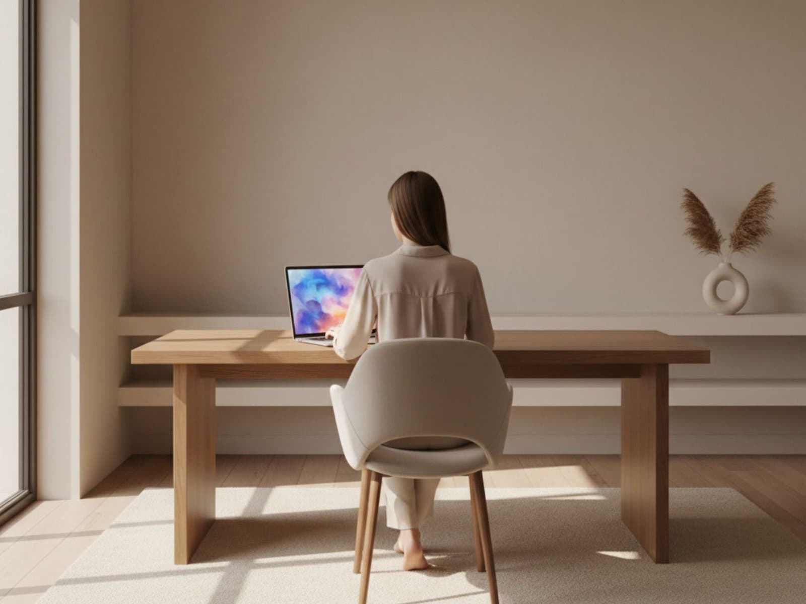Frau arbeitet von hinten am Laptop in minimalistischem Homeoffice und erstellt KI-gestützten Content für ein faceless Online-Business