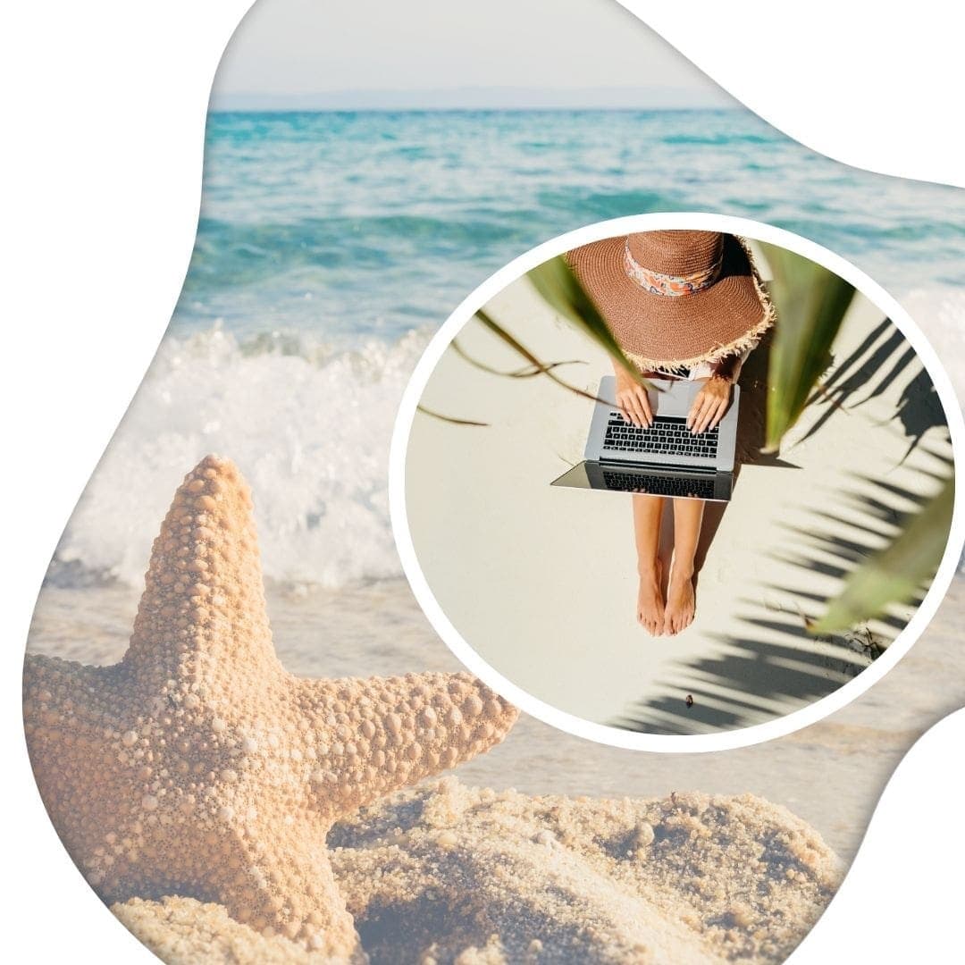 Strand mit Seestern und eine Frau, die am Laptop arbeitet