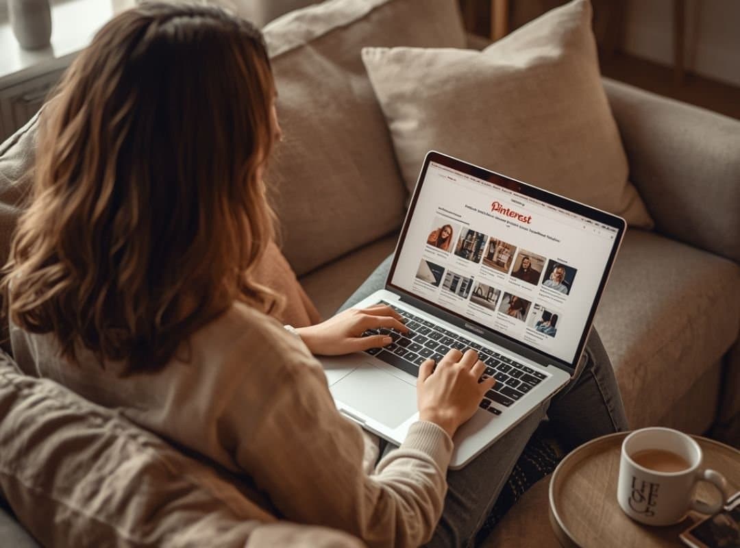 Frau sitzt entspannt auf dem Sofa und arbeitet am Laptop, auf dem Pinterest mit verschiedenen Pins und Ideen geöffnet ist.