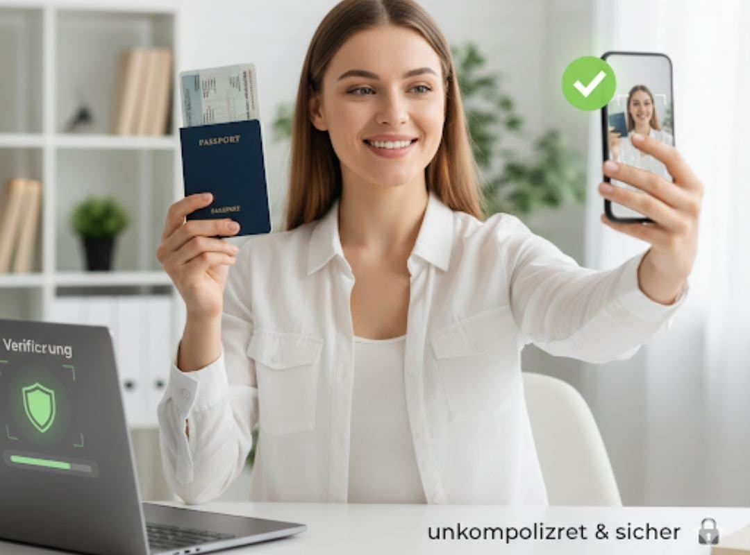 Frau führt einfache Online-Verifizierung mit Ausweis und Smartphone durch, dargestellt als sicherer, digitaler Prozess.