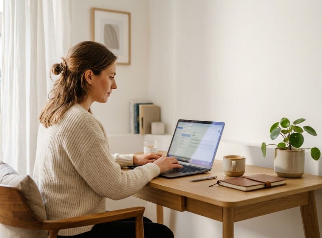 Frau arbeitet konzentriert an einem Laptop in einem hellen Homeoffice mit natürlichem Licht. Auf dem Schreibtisch stehen eine Tasse Kaffee, ein Notizbuch und eine Zimmerpflanze. Das Bild symbolisiert KI Content Erstellung, Personal Branding, Content-Planung und den Aufbau einer Online-Marke mit KI-Avataren.