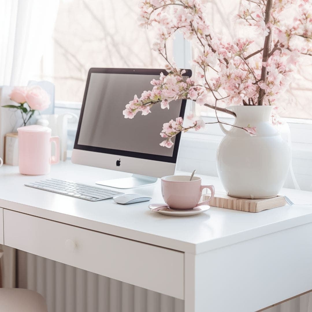 Moderner, femininer Arbeitsplatz mit Laptop (Pinterest-Startseite), Blumenstrauß und neutralen Pastelltönen. Perfekte visuelle Darstellung für den Blogartikel „Pinterest 2025: Wie du mit strategischem Pinnen Reichweite & Einkommen aufbaust“. Themen: Pinterest Marketing 2025, Online-Business, Reichweite steigern, Monetarisierung.