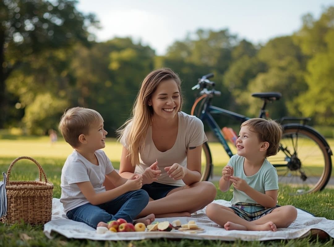 Mutter sitzt mit zwei Kindern lachend auf einer Picknickdecke im Park, Obst und Fahrrad im Hintergrund. Symbol für günstige Freizeitideen und gemeinsame Familienzeit.