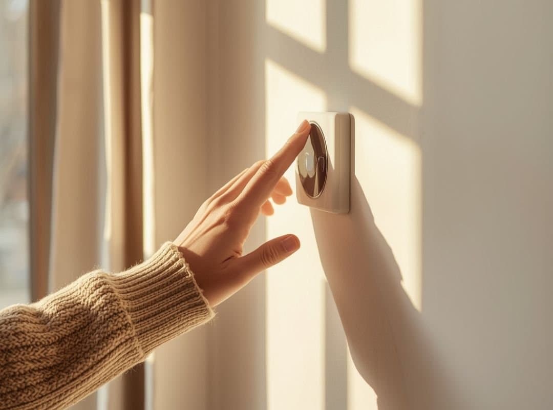 Hand in warmer Strickjacke dreht Thermostat an der Wand herunter. Symbol für bewusstes Energiesparen, Nachhaltigkeit und umweltfreundlichen Alltag.