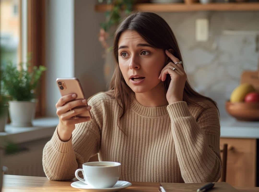 Frau sitzt mit einer Tasse Kaffee am Küchentisch, schaut überrascht auf ihr Smartphone. Symbolischer Moment für unerwartete Ausgaben und Geld sparen im Alltag.