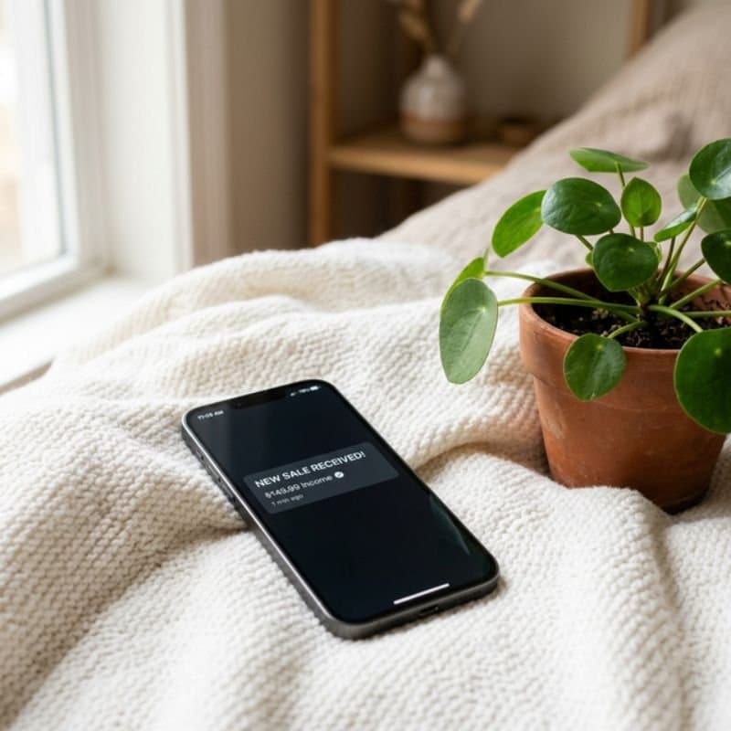 Dieses Bild zeigt ein Smartphone mit einer Verkaufsbenachrichtigung („New Sale Received“) auf einem gemütlichen Bett. Ein starkes Symbol für passives Einkommen und automatisiertes Online-Business. Es steht für die Freiheit, online Geld zu verdienen, ohne ständig aktiv arbeiten zu müssen. Durch digitale Produkte, Affiliate-Marketing, Pinterest-Marketing oder KI-gestützte Automationen können Verkäufe entstehen, selbst dann, wenn du gerade nicht am Laptop sitzt. Gerade für Frauen, die sich ein zweites Standbein aufbauen oder langfristig finanzielle Freiheit erreichen möchten, ist ein skalierbares Online-Business der Schlüssel. Automationen, E-Mail-Marketing und strategischer Content sorgen dafür, dass dein Smartphone neue Verkäufe meldet, unabhängig von Ort und Zeit.