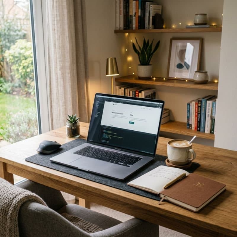 Ein ästhetischer, aufgeräumter Schreibtisch mit Laptop und Kaffeetasse, passend zum Thema entspanntes Arbeiten im Home-Office.