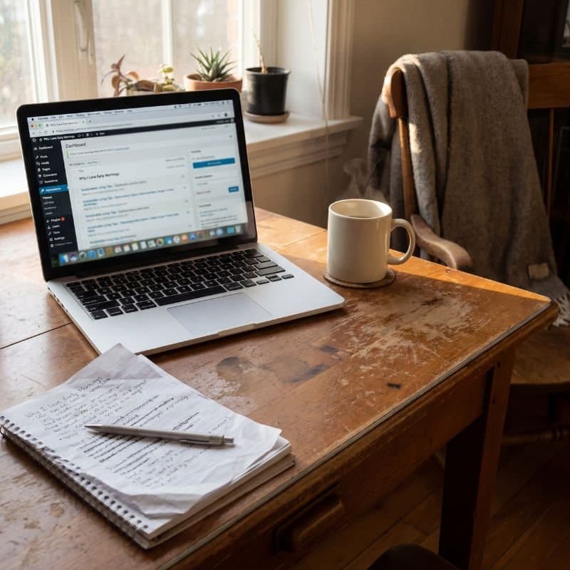 Laptop mit geöffnetem WordPress-Dashboard auf einem Holzschreibtisch, Notizblock mit handgeschriebenem Blogartikel-Entwurf und Kaffee im warmen Fensterlicht. Symbolbild für Blogartikel schreiben und Blog aufbauen.