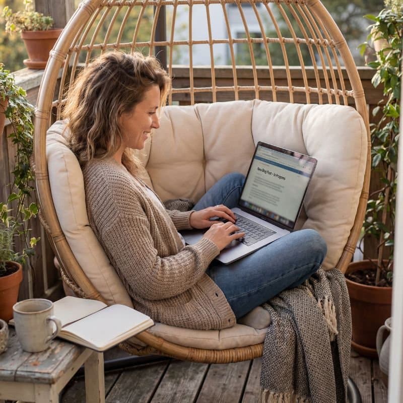 Frau sitzt im Hängesessel auf dem Balkon und schreibt an einem Laptop einen Blogartikel. Entspannter Alltag beim Blog aufbauen und Online-Business starten von zuhause.