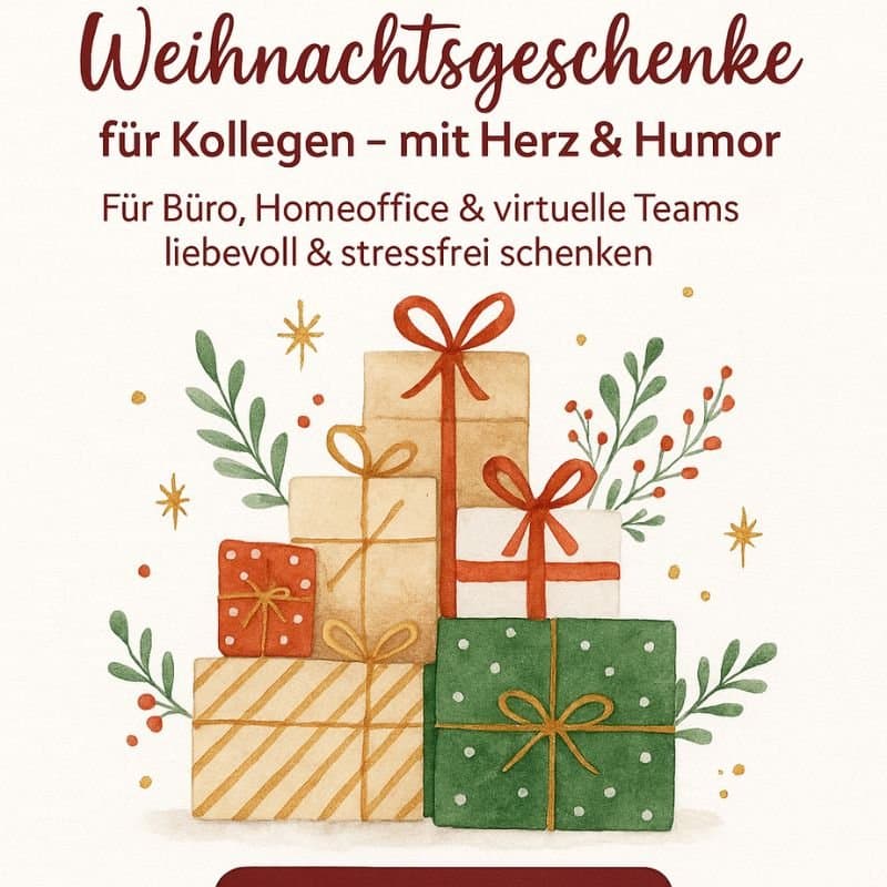 Aquarell-Illustration mit weihnachtlich verpackten Geschenken in Beige-, Grün- und Rottönen, verziert mit Zweigen und Sternen. Textaufschrift: „Weihnachtsgeschenke für Kollegen, mit Herz & Humor“. Perfekt für Blogartikel über Weihnachtsgeschenke fürs Büro, Homeoffice und virtuelle Teams.