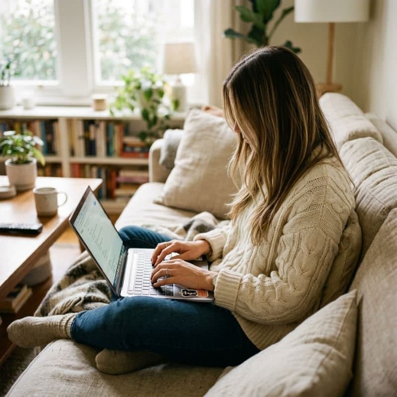 Eine junge Frau im gemütlichen Strickpullover sitzt entspannt auf einem beigen Sofa und tippt auf ihrem Laptop.