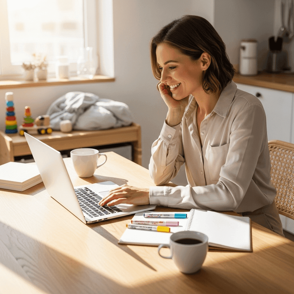 Auf diesem Bild siehst du eine lächelnde Frau im Homeoffice, die am Laptop arbeitet und gleichzeitig telefoniert. Auf dem Tisch liegen Notizbuch, bunte Stifte und eine Tasse Kaffee. Im Hintergrund erkennt man Spielzeug, ein Hinweis auf ihren Mama-Alltag.