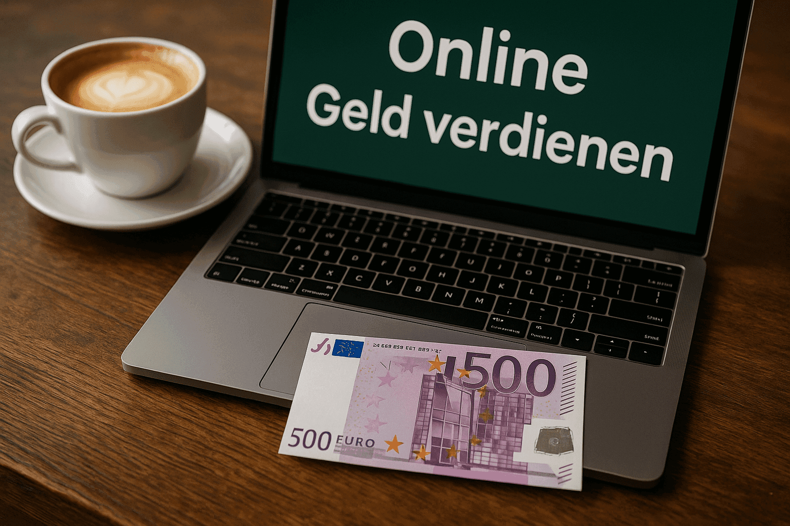Laptop mit 500-Euro-Schein: Symbolbild für Online-Geldverdienen mit Robethood