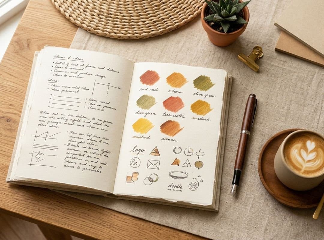 KI Content Strategie im Notizbuch, Branding-Farbfelder und Notizen auf hellem Schreibtisch mit Kaffee