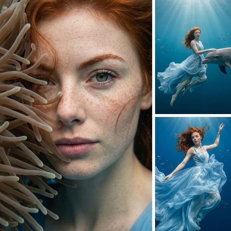 Fotorealistischer KI-Avatar einer rothaarigen Frau unter Wasser in fließendem Kleid neben einem Delfin, kombiniert mit Close-up Porträt mit Sommersprossen. High-Fashion Unterwasser Editorial mit natürlichem Licht und realistischer Hautstruktur