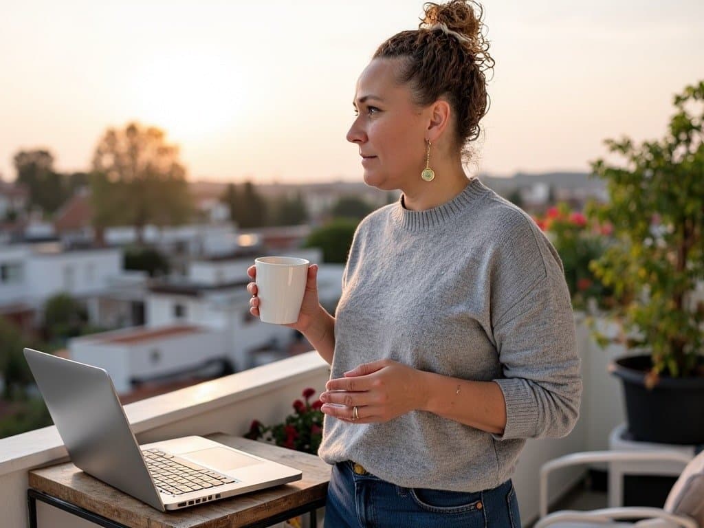 Auf diesem Bild siehst du eine Frau mit Kaffeetasse auf dem Balkon bei Sonnenaufgang. Neben ihr ein Laptop, sie blickt ruhig und fokussiert in die Ferne.