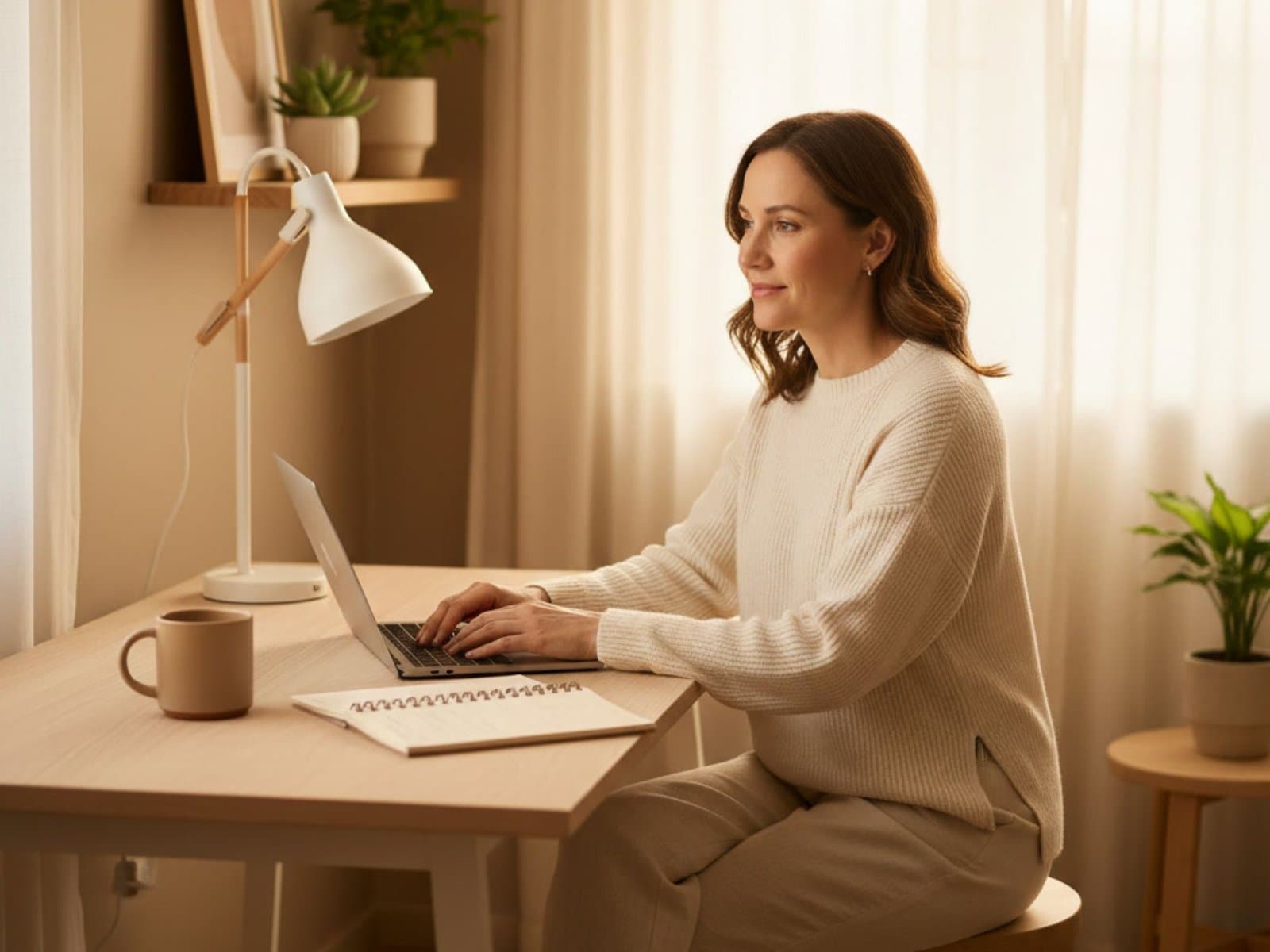 Frau arbeitet entspannt am Laptop im Homeoffice und baut sich ein seriöses Online-Business von zuhause auf