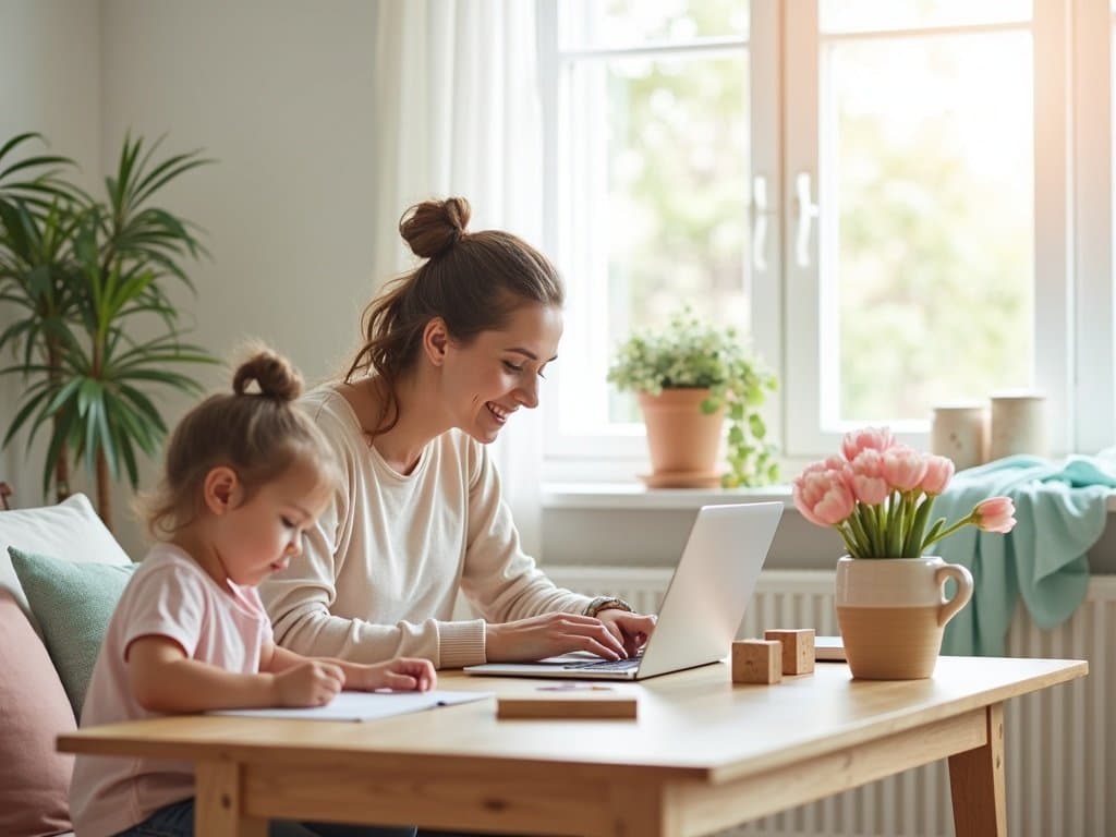 Auf diesem Bild siehst du eine Mutter im Homeoffice mit Laptop, während ihre Tochter am gleichen Tisch malt. Beide wirken konzentriert und entspannt, das Umfeld ist hell, freundlich und natürlich eingerichtet.