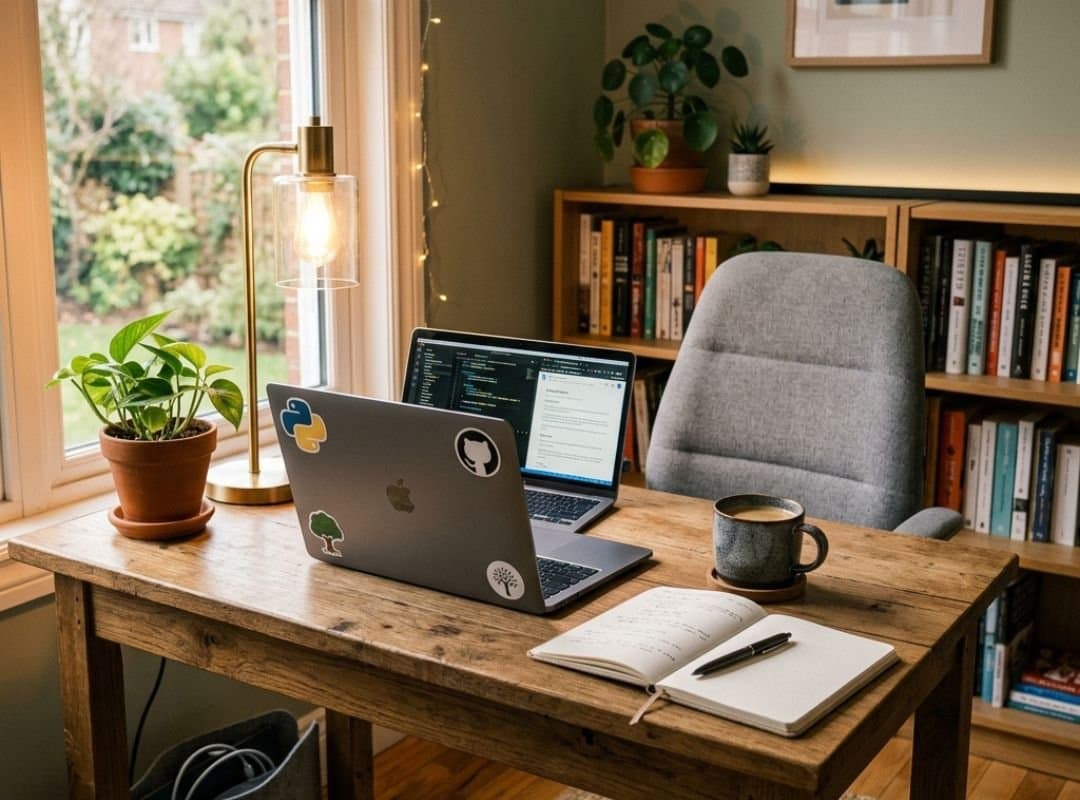 passives einkommen: Ein Laptop auf einem warmen, hellen Holztisch mit einer Tasse Kaffee und einem Notizblock im gemütlichen Homeoffice
