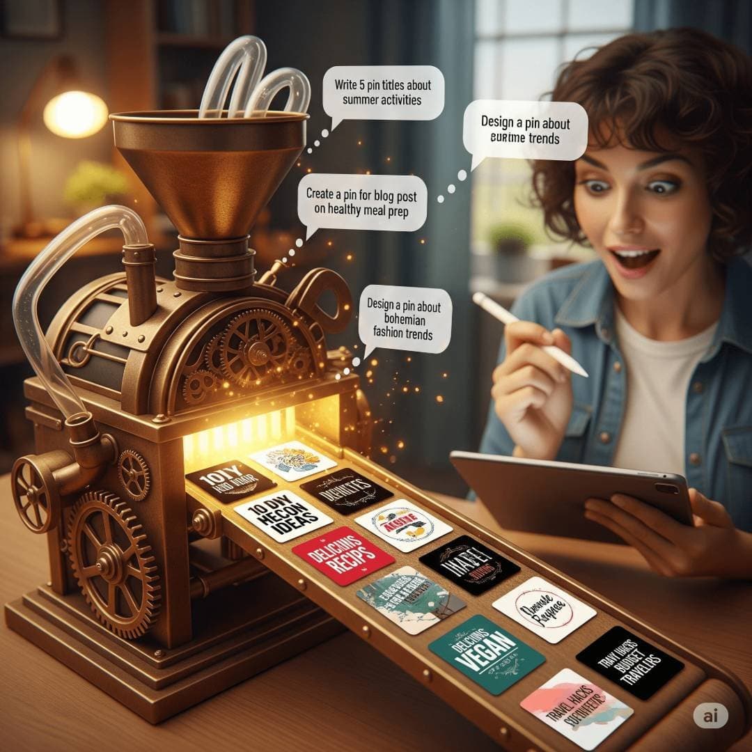 Frau nutzt Tablet vor einer KI-Maschine, die automatisch Pinterest-Pins zu verschiedenen Themen erstellt. Symbol für automatisierte Content-Erstellung mit Künstlicher Intelligenz.