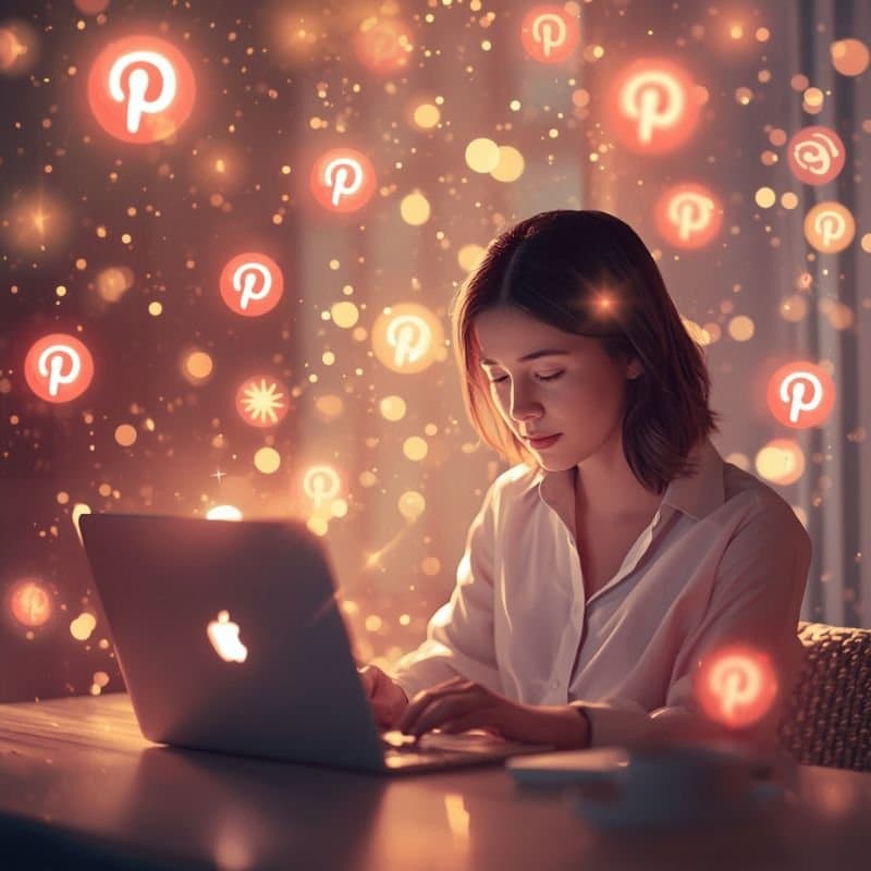 Frau arbeitet am Laptop, umgeben von leuchtenden Pinterest-Symbolen. Symbol für KI im Pinterest-Marketing