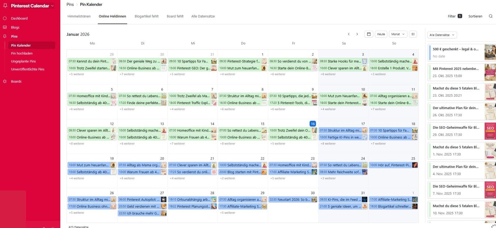Monatsübersicht eines Pinterest-Planungstools für Januar 2026 mit farblich markierten Pins. Kalenderansicht mit geplanten, veröffentlichten und vorbereiteten Beiträgen im Tool Airtable.