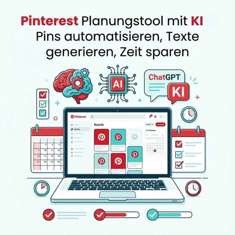 Laptop mit Pinterest-Planungstool, KI-Symbole wie Gehirn, Chip und ChatGPT, umgeben von Kalender- und Automatisierungs-Icons. Text: Pinterest Planungstool mit KI. Pins automatisieren, Texte generieren, Zeit sparen.