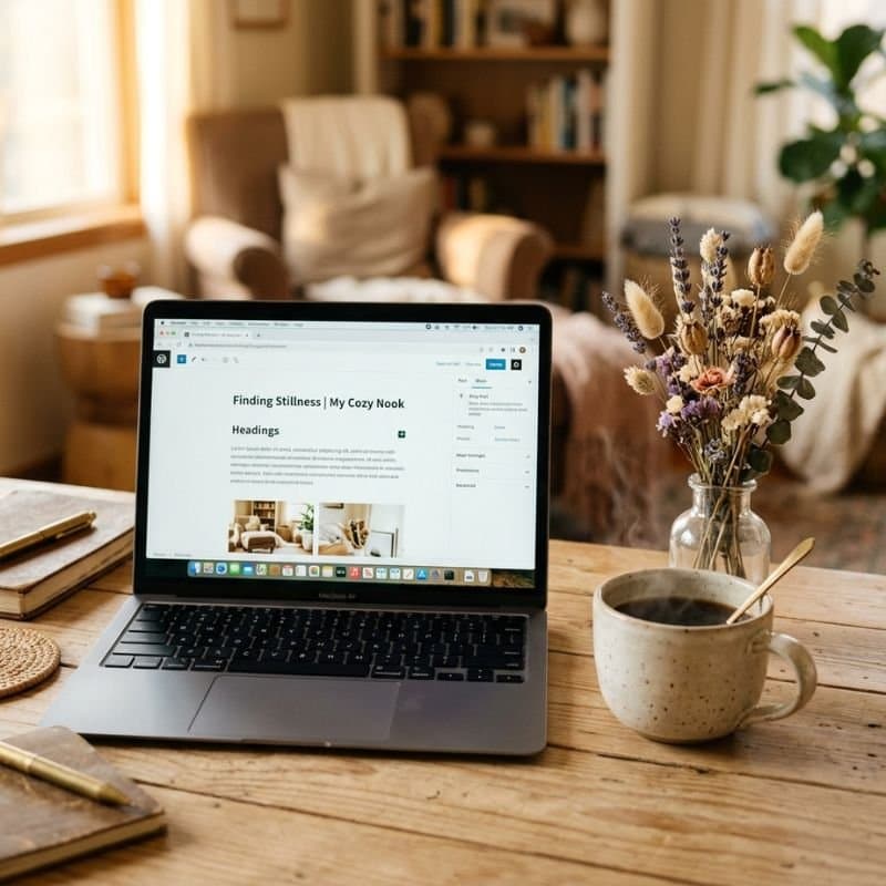 Nahaufnahme eines gemütlichen Schreibtisches mit Laptop, Kaffee und Trockenblumen.