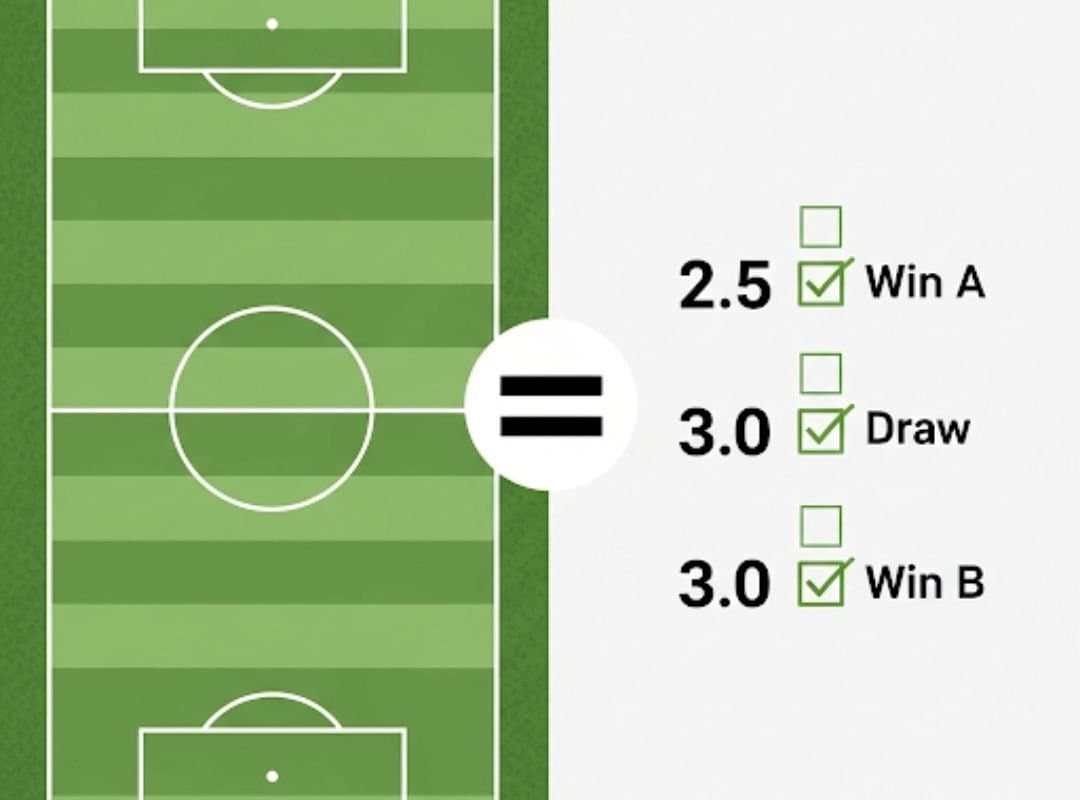 Grafik mit Fußballfeld und Wettquoten. Häkchen bei Sieg A, Unentschieden und Sieg B. Symbol für Matched Betting bei Robethood.