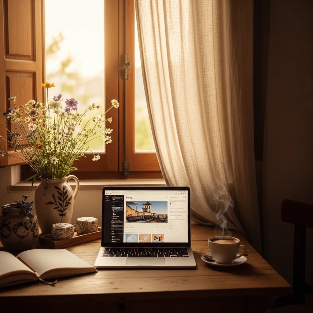 „Gemütlicher Arbeitsplatz mit Laptop, Kaffee und Notizbuch am Fenster. Idealer Ort für kreative Blogarbeit und Online-Business-Aufbau mit Pinterest. Warmes Licht, entspannte Atmosphäre und Fokus auf Selbstständigkeit von zu Hause aus.“