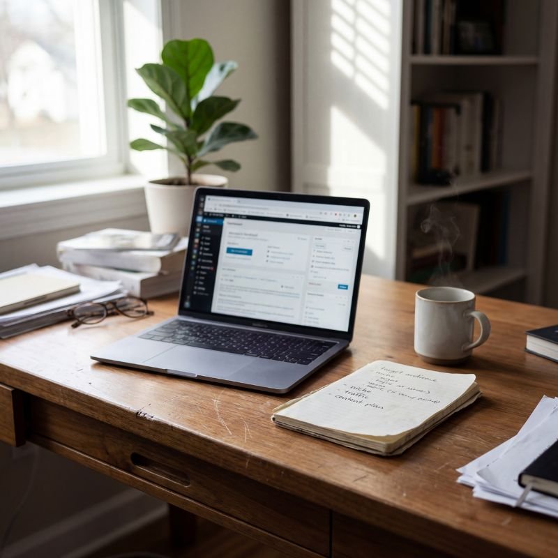 Heller Homeoffice-Schreibtisch mit Laptop im WordPress-Dashboard, Notizbuch mit Blog-Planung, Kaffee und natürlichem Fensterlicht – Symbolbild für Blog aufbauen und Online-Business starten.