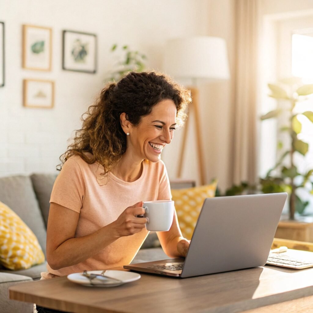 eine-fr-hliche-frau--helles-tageslicht--gem-tliche (3)-min Hier lernst du, wie du Pinterest Traffic nutzen kannst, um mit Affiliate Marketing, digitalen Produkten, Google AdSense, VG Wort und E-Mail-Marketing online Geld zu verdienen.