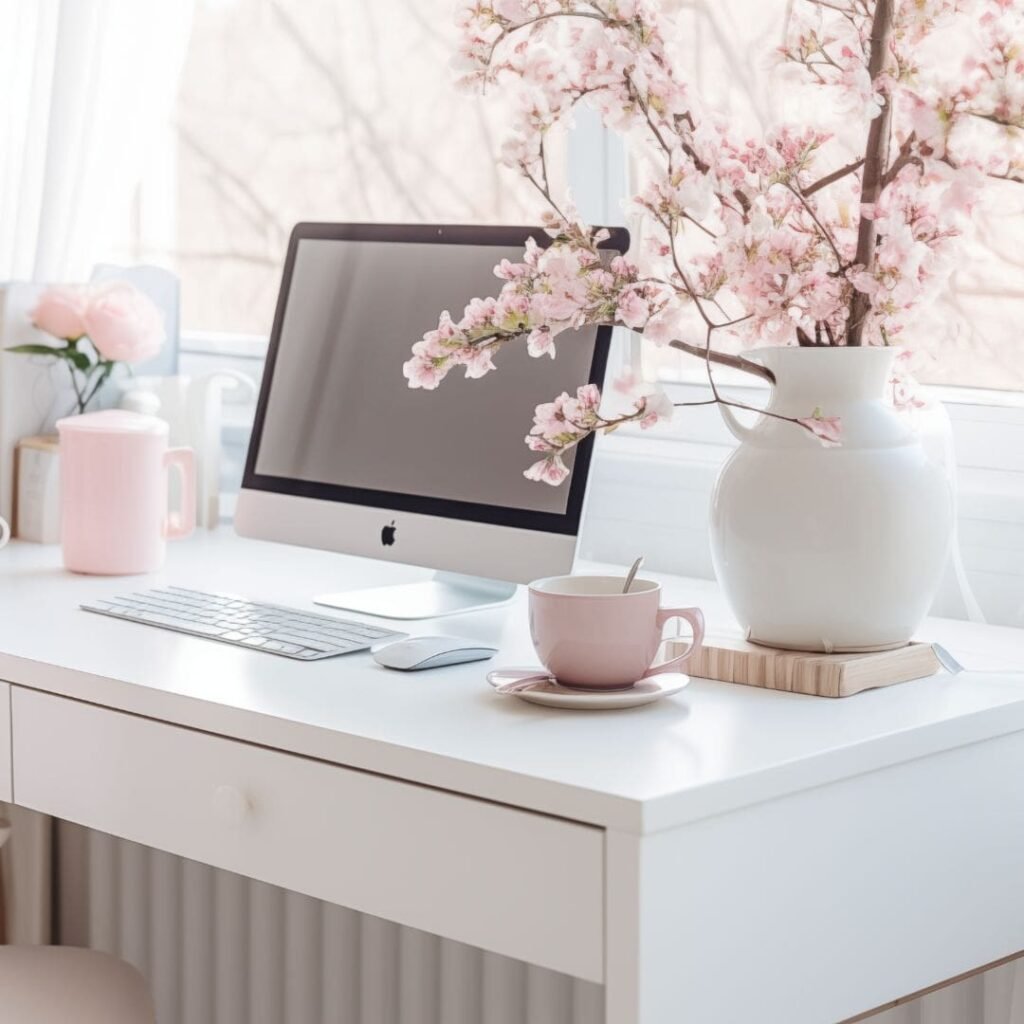 Moderner, femininer Arbeitsplatz mit Laptop (Pinterest-Startseite), Blumenstrauß und neutralen Pastelltönen. Perfekte visuelle Darstellung für den Blogartikel „Pinterest 2025: Wie du mit strategischem Pinnen Reichweite & Einkommen aufbaust“. Themen: Pinterest Marketing 2025, Online-Business, Reichweite steigern, Monetarisierung.