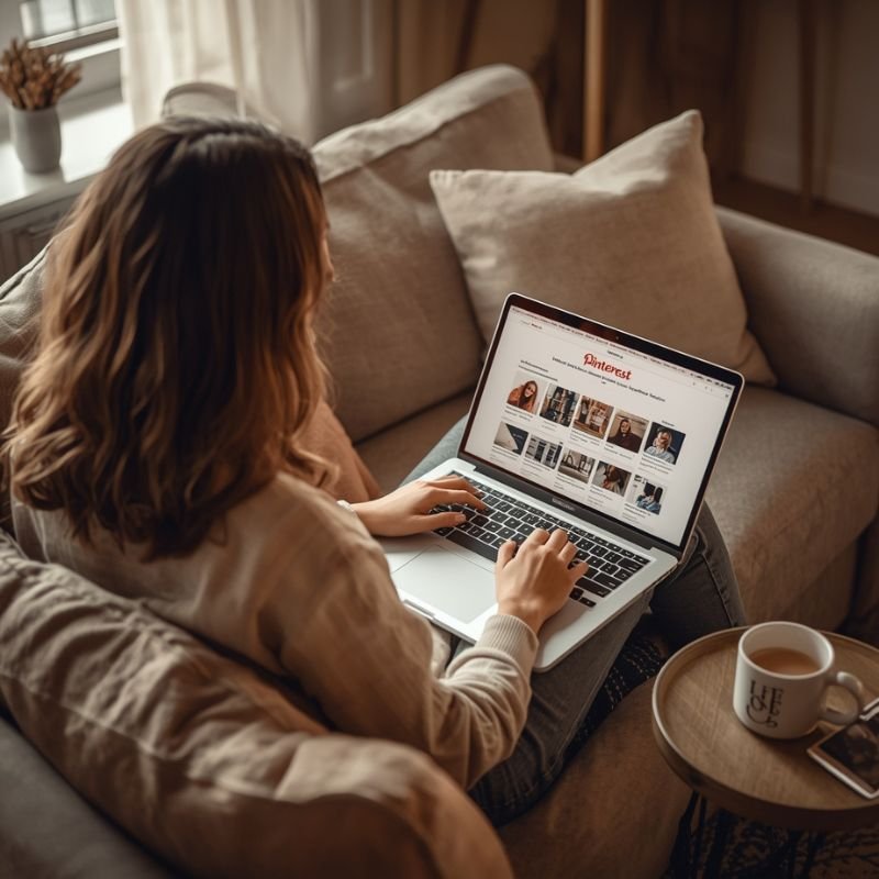 Frau sitzt entspannt auf einem Sofa und arbeitet mit einem Laptop, auf dem die Pinterest-Startseite geöffnet ist. Neben ihr steht eine Tasse Kaffee auf einem Beistelltisch. Szene aus einem gemütlichen Homeoffice-Alltag für Pinterest-Marketing und strategisches Online-Arbeiten.