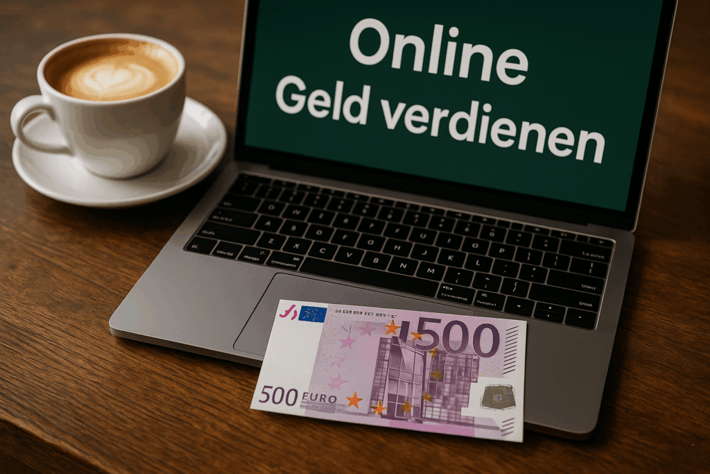 Laptop mit 500-Euro-Schein – Symbolbild für Online-Geldverdienen mit Robethood