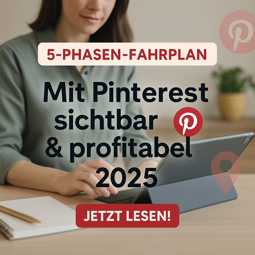 Quadratisches Beitragsbild zum Blogartikel „Pinterest 2025: Mit Pinterest sichtbar & profitabel“. Eine Frau arbeitet an einem Tablet, daneben Notizbuch und Stift. Textoverlay: „5-Phasen-Fahrplan – Mit Pinterest sichtbar & profitabel 2025 – Jetzt lesen!