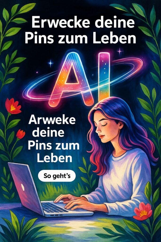 Illustration einer Frau, die konzentriert an einem Laptop arbeitet, umgeben von Pflanzen und Blumen. Über ihr schwebt das Wort „AI“ in leuchtenden Farben. Text im Bild: „Erwecke deine Pins zum Leben – So geht’s“. Darstellung für Pinterest-Marketing mit KI und kreativem Workflow.