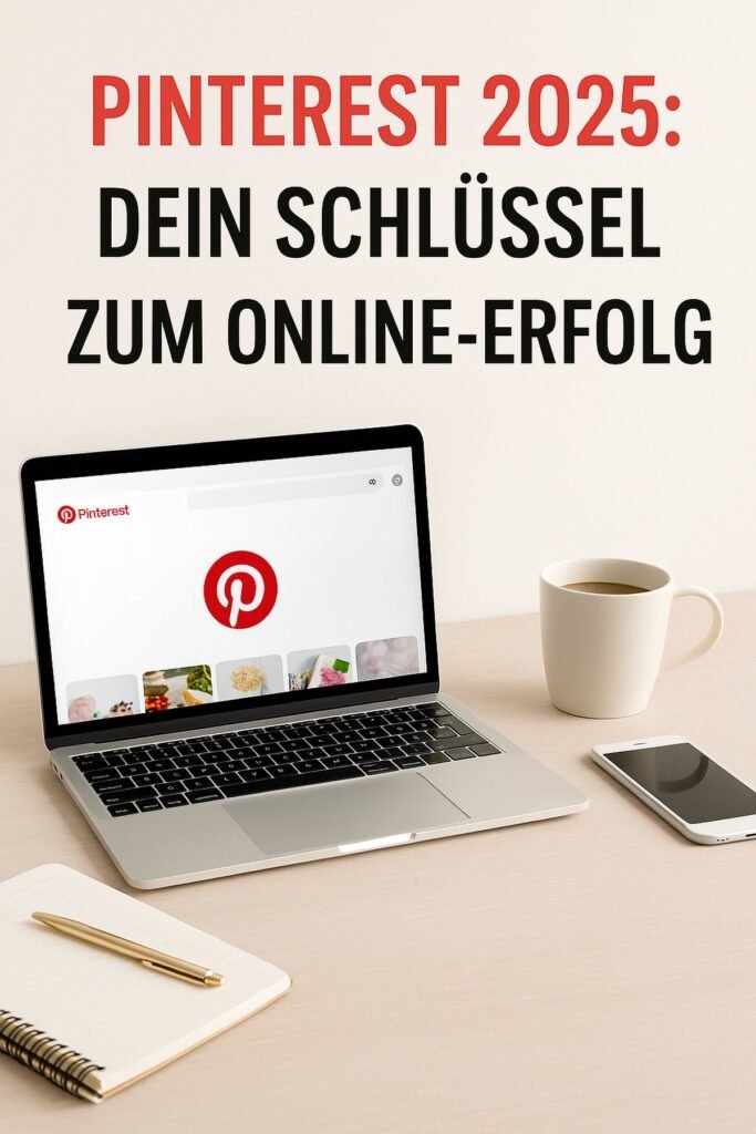 Beitragsbild für den Blogartikel „Pinterest 2025: Dein Schlüssel zum Online-Erfolg“. Abgebildet ist ein moderner Schreibtisch mit Laptop, der die Pinterest-Startseite zeigt, daneben eine Tasse Kaffee, ein Notizbuch mit goldenem Stift und ein Smartphone. Textoverlay: „Pinterest 2025: Dein Schlüssel zum Online-Erfolg“.