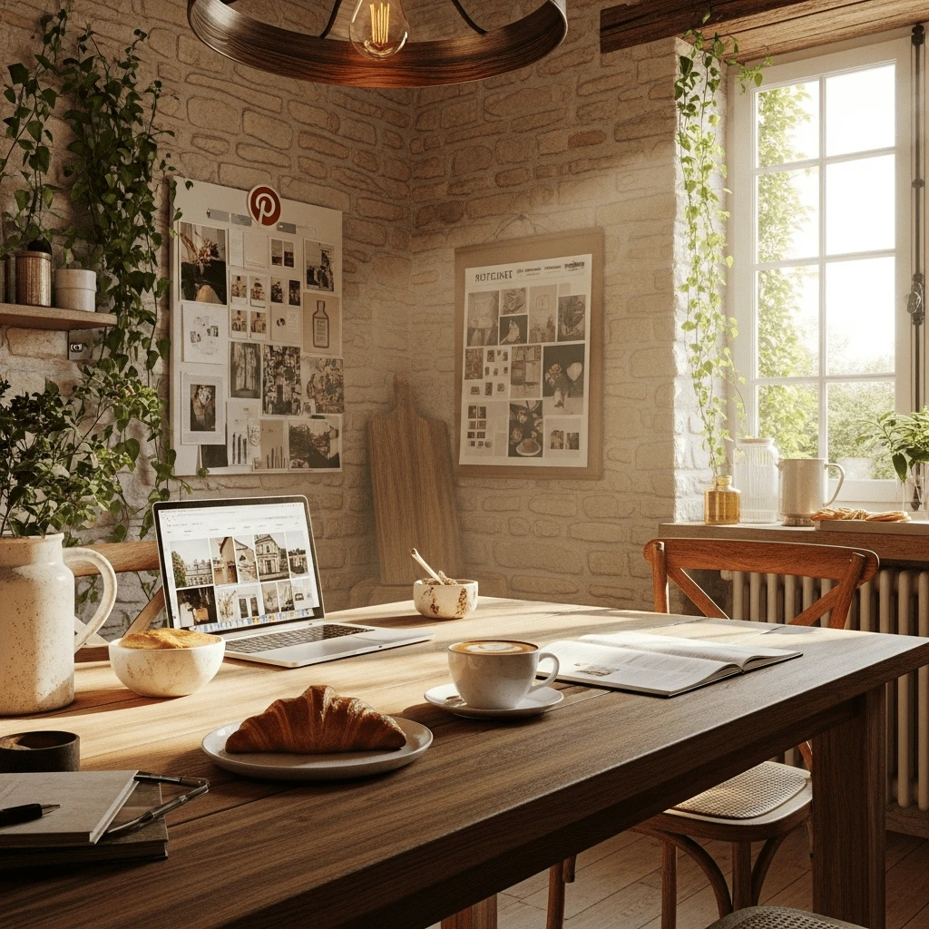 „Pinterest-inspirierter Arbeitsplatz in gemütlicher Küche mit Laptop, Croissant, Kaffee und Inspirationswänden – ideales Homeoffice für kreative Bloggerinnen und Online-Business-Aufbau mit Pinterest.“