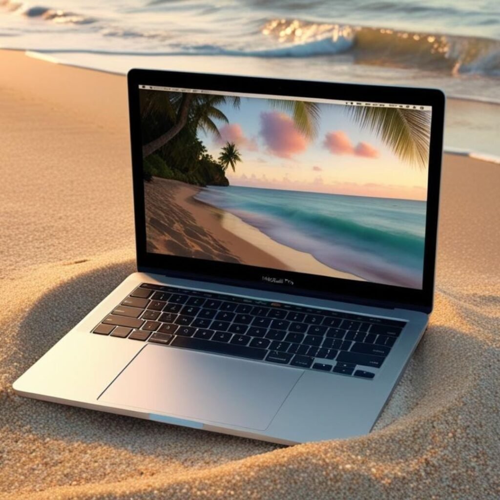 Laptop steht im Sand am Strand, auf dem Bildschirm tropische Palmen und Sonnenuntergang – Symbol für ortsunabhängiges Arbeiten