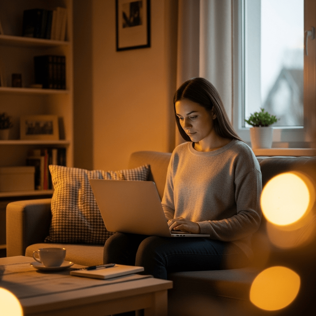 Frau arbeitet fokussiert.123Z-min Auf diesem Bild siehst du eine Frau, die abends konzentriert auf dem Sofa an ihrem Laptop arbeitet. Die warme Beleuchtung und ruhige Atmosphäre spiegeln ihren Fokus und ihre Business-Zeit im Feierabend wider.