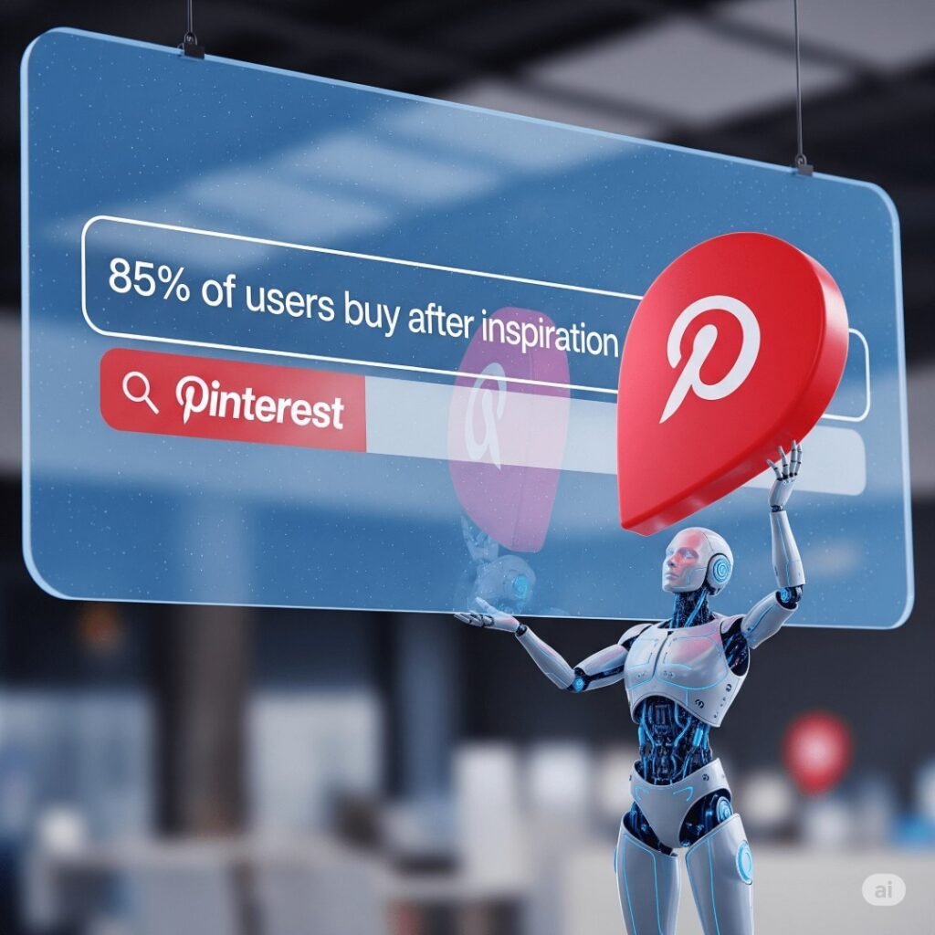 Roboter hält Pinterest-Symbol unter einer virtuellen Suchleiste mit dem Text: ‚85 % der Nutzer kaufen nach Inspiration‘ – Symbolbild für KI-gestütztes Pinterest-Marketing.