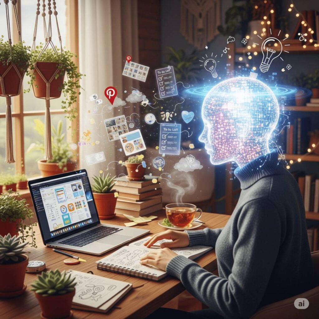 Auf diesem Bild siehst du eine Bloggerin in einem kreativen Homeoffice, die mit Unterstützung einer digitalen KI-Idee Inhalte für Pinterest plant. Um sie herum schweben Icons, Pins und Checklisten – Sinnbild für automatisierten Content mit Künstlicher Intelligenz.