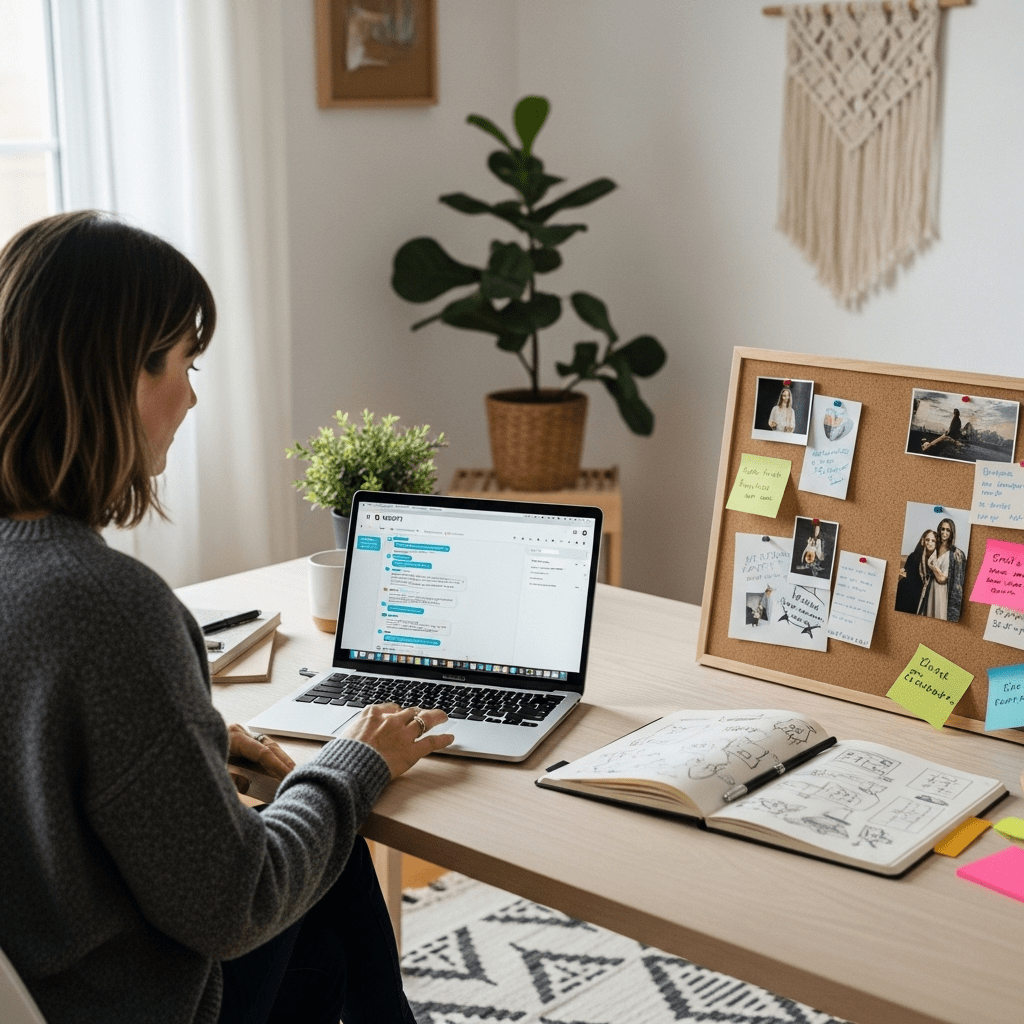Lass die KI für dich arbeiten.044Z-min Auf diesem Bild sitzt eine Frau an einem aufgeräumten Schreibtisch und arbeitet konzentriert am Laptop, auf dem ein Chatfenster mit einer KI-Anwendung geöffnet ist. Neben ihr liegen ein aufgeschlagenes Notizbuch und eine Pinnwand mit farbigen Notizzetteln und Fotos.
